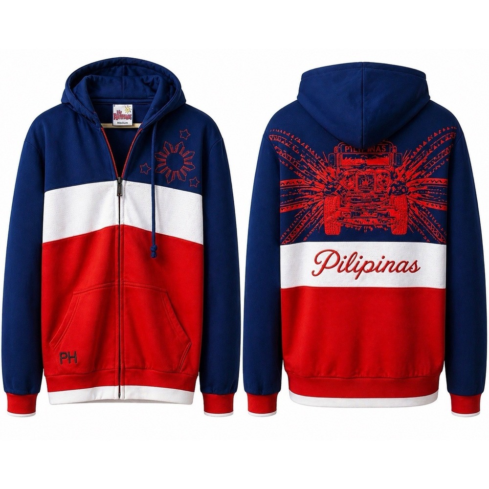 My Philippines Zip Hoodie Sz M Red Blue White Pilipinas Jeepney Graphic Full Zip